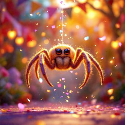 The primary subject of the image is a spider, which is the main object, scene, or focus of the image. The setting/background features a colorful and vibrant environment, with a rainbow-colored background and a tree in the background. The visual style of the image is digital art, as it is a digital illustration of a spider. The colors and mood of the image are lively and cheerful, with the spider surrounded by a bright and colorful scene.